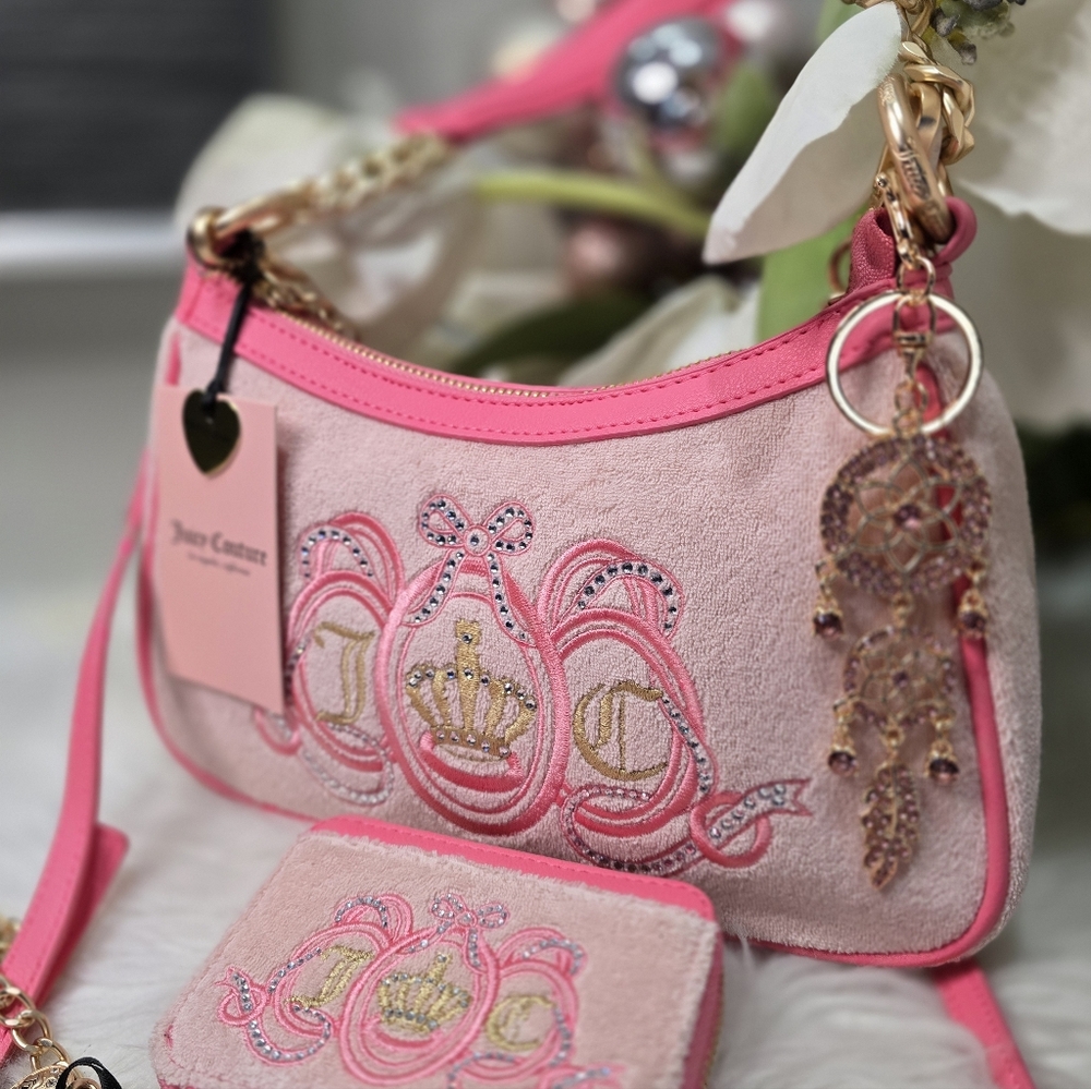 Juicy Couture Pink/lemonade diamond shoulder bag with matching wallet and Charm - Picture 9 of 9